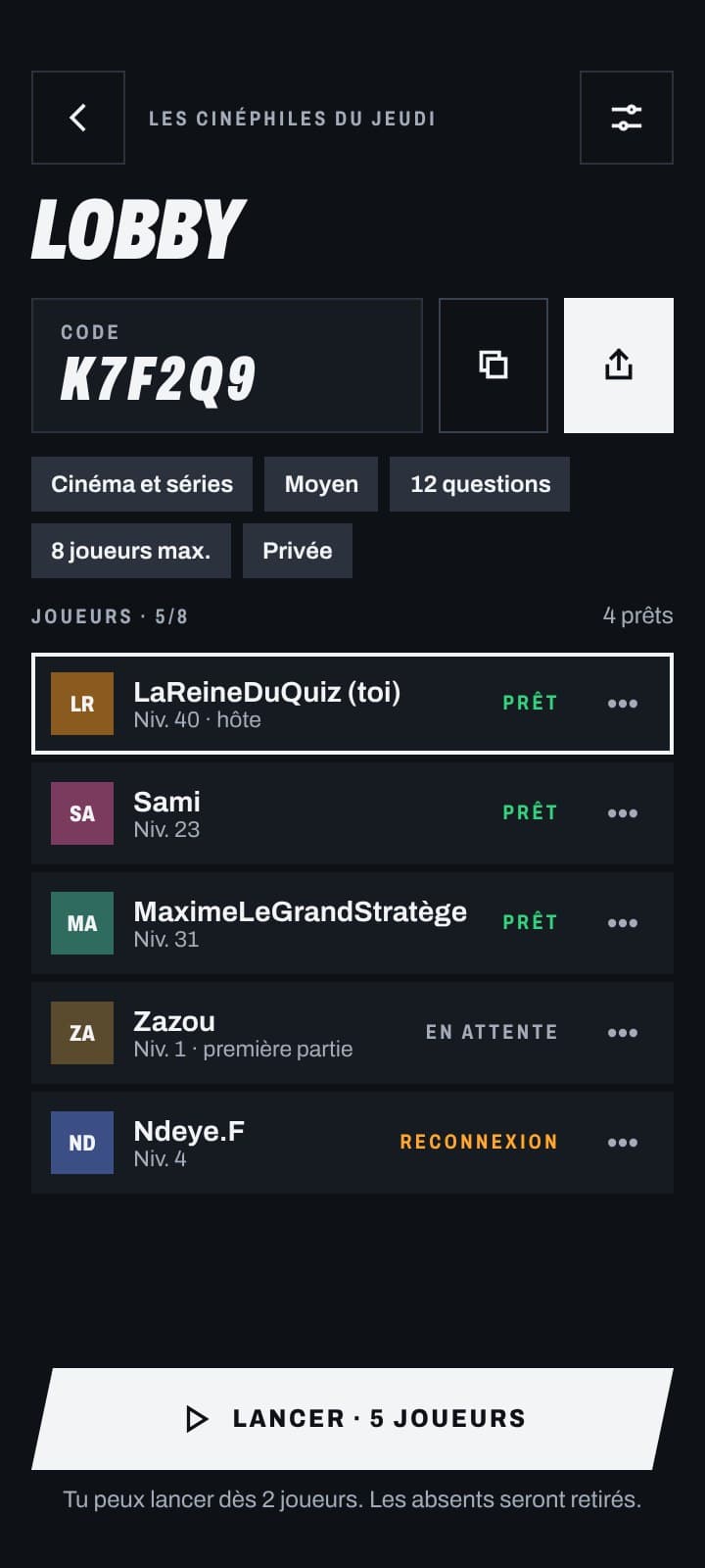 Private room lobby with its code