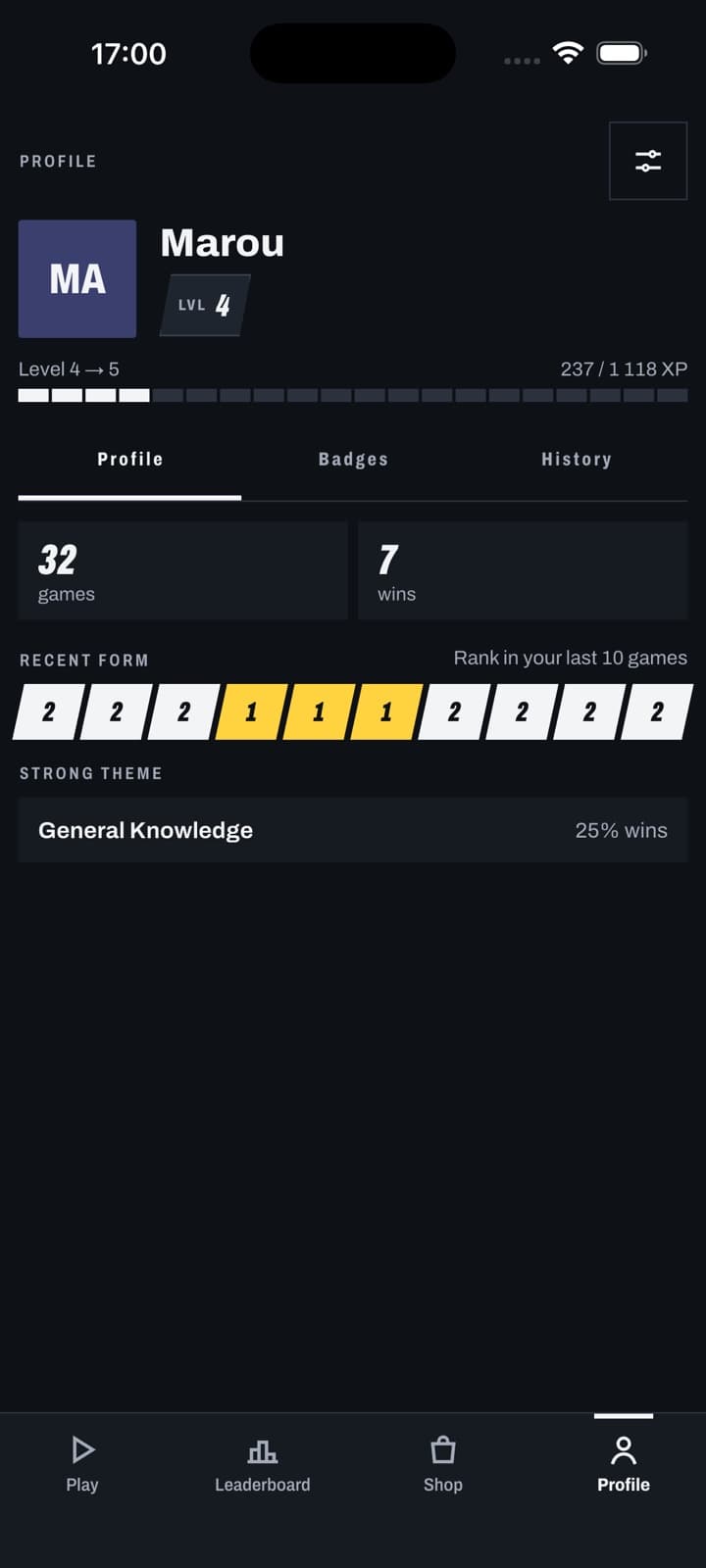 Player profile: level, games, wins and recent form